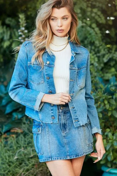 Veveret Button Up Raw Hem Denim Jacket sold by Charming Charlie