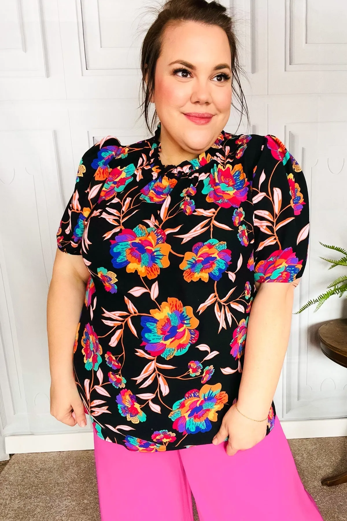 Make Your Day Black Floral Print Frill Mock Neck Top sold by Charming Charlie product image thumbnail 5