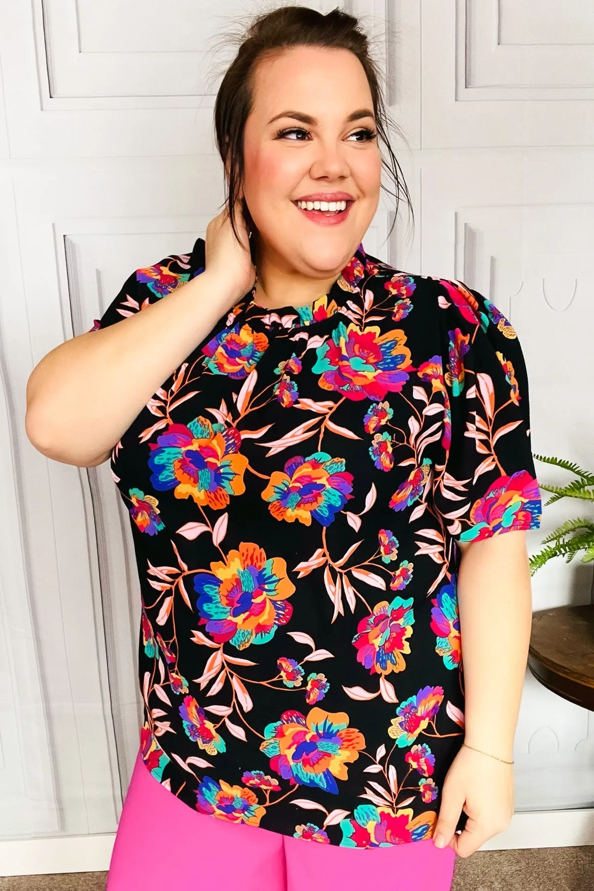 Make Your Day Black Floral Print Frill Mock Neck Top sold by Charming Charlie product image thumbnail 3