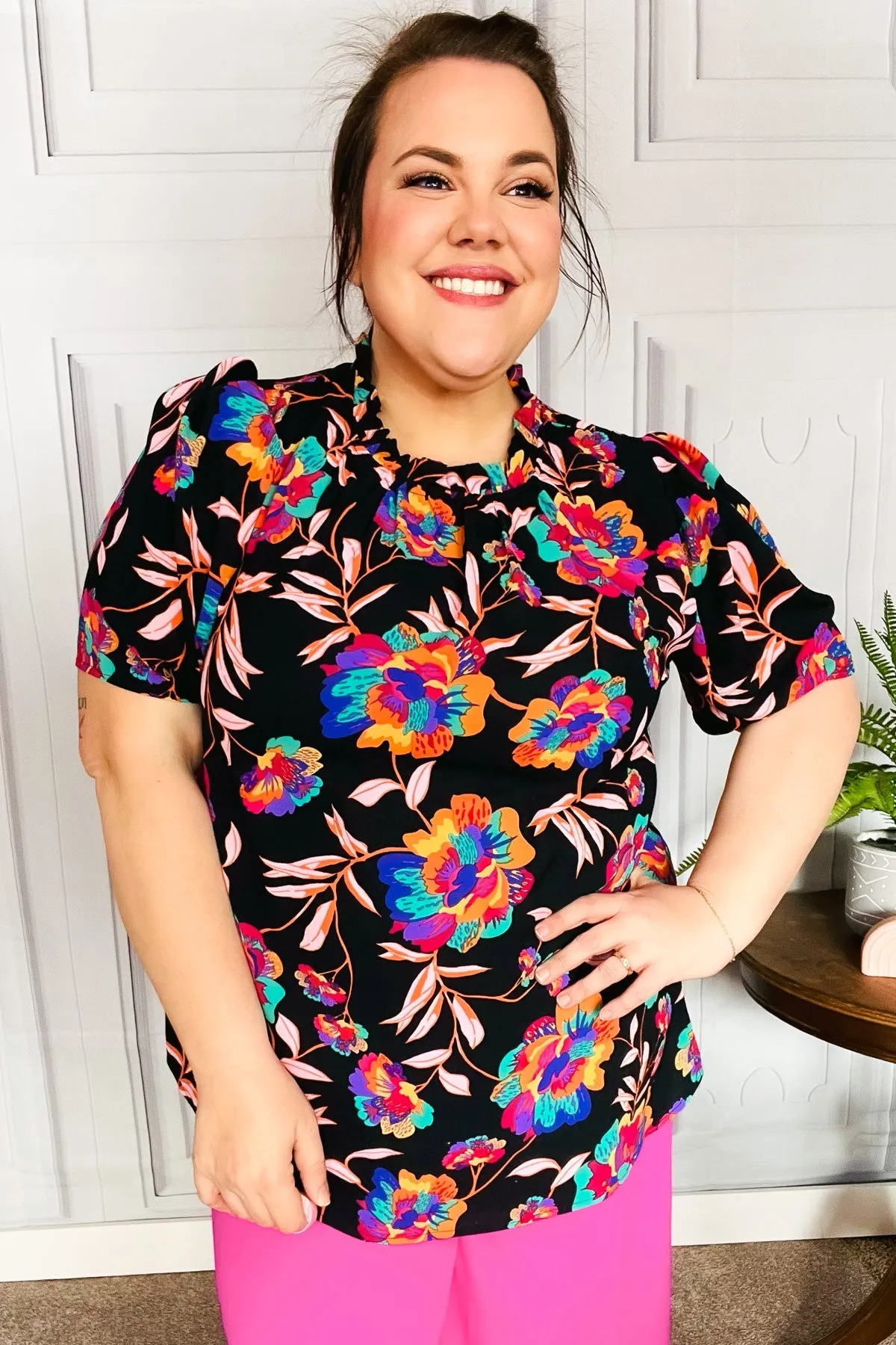 Make Your Day Black Floral Print Frill Mock Neck Top sold by Charming Charlie product image thumbnail 2