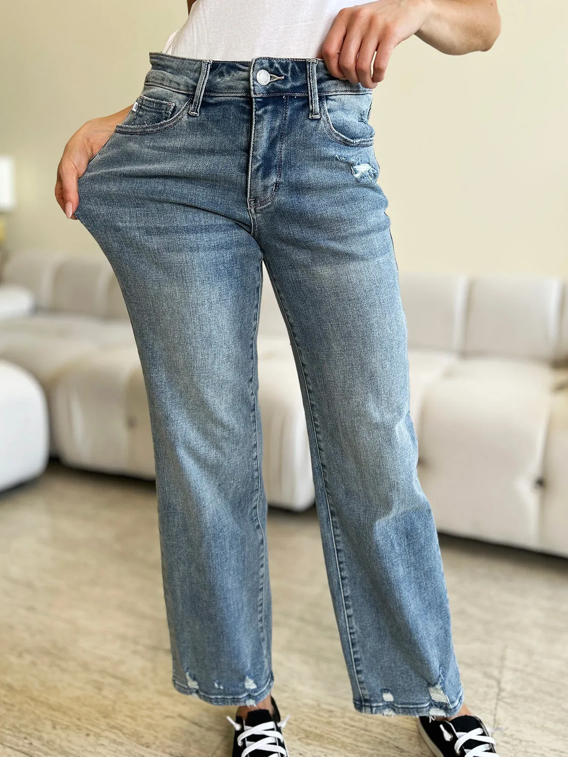 Judy Blue Full Size High Waist Distressed Straight Jeans sold by Charming Charlie product image thumbnail 4