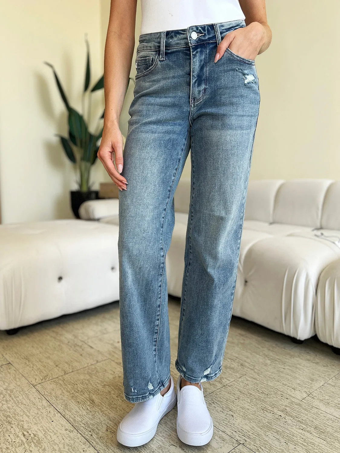 Judy Blue Full Size High Waist Distressed Straight Jeans sold by Charming Charlie