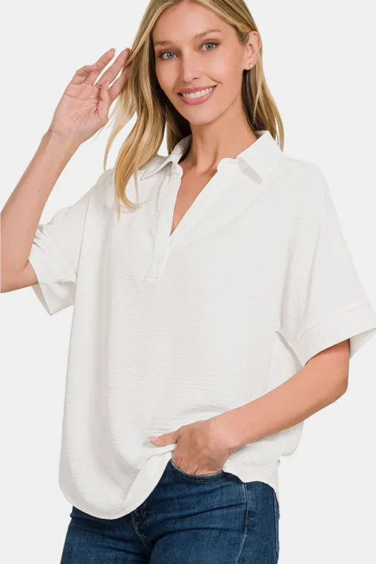 Zenana Texture Collared Neck Short Sleeve Top sold by Charming Charlie