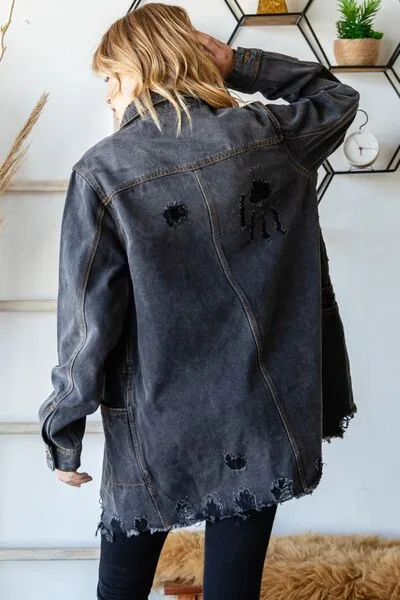 Veveret Button Up Distressed Frayed Hem Denim Jacket sold by Charming Charlie product image thumbnail 2