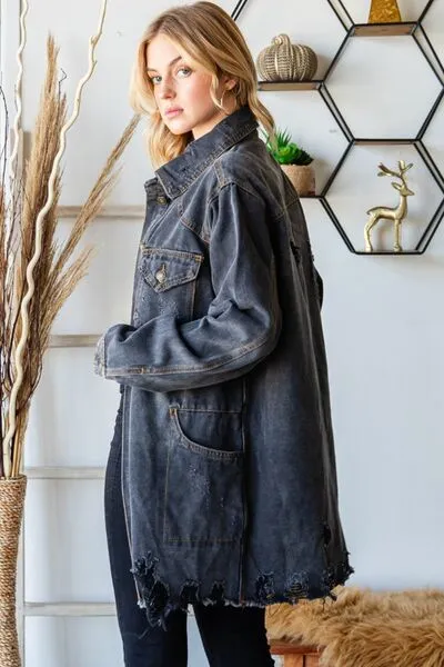 Veveret Button Up Distressed Frayed Hem Denim Jacket sold by Charming Charlie product image thumbnail 3