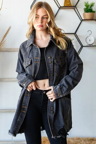 Veveret Button Up Distressed Frayed Hem Denim Jacket sold by Charming Charlie product image thumbnail 4