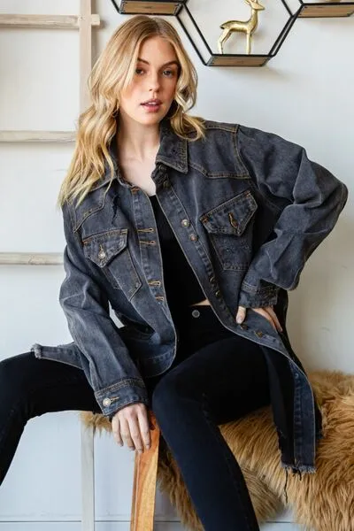 Veveret Button Up Distressed Frayed Hem Denim Jacket sold by Charming Charlie