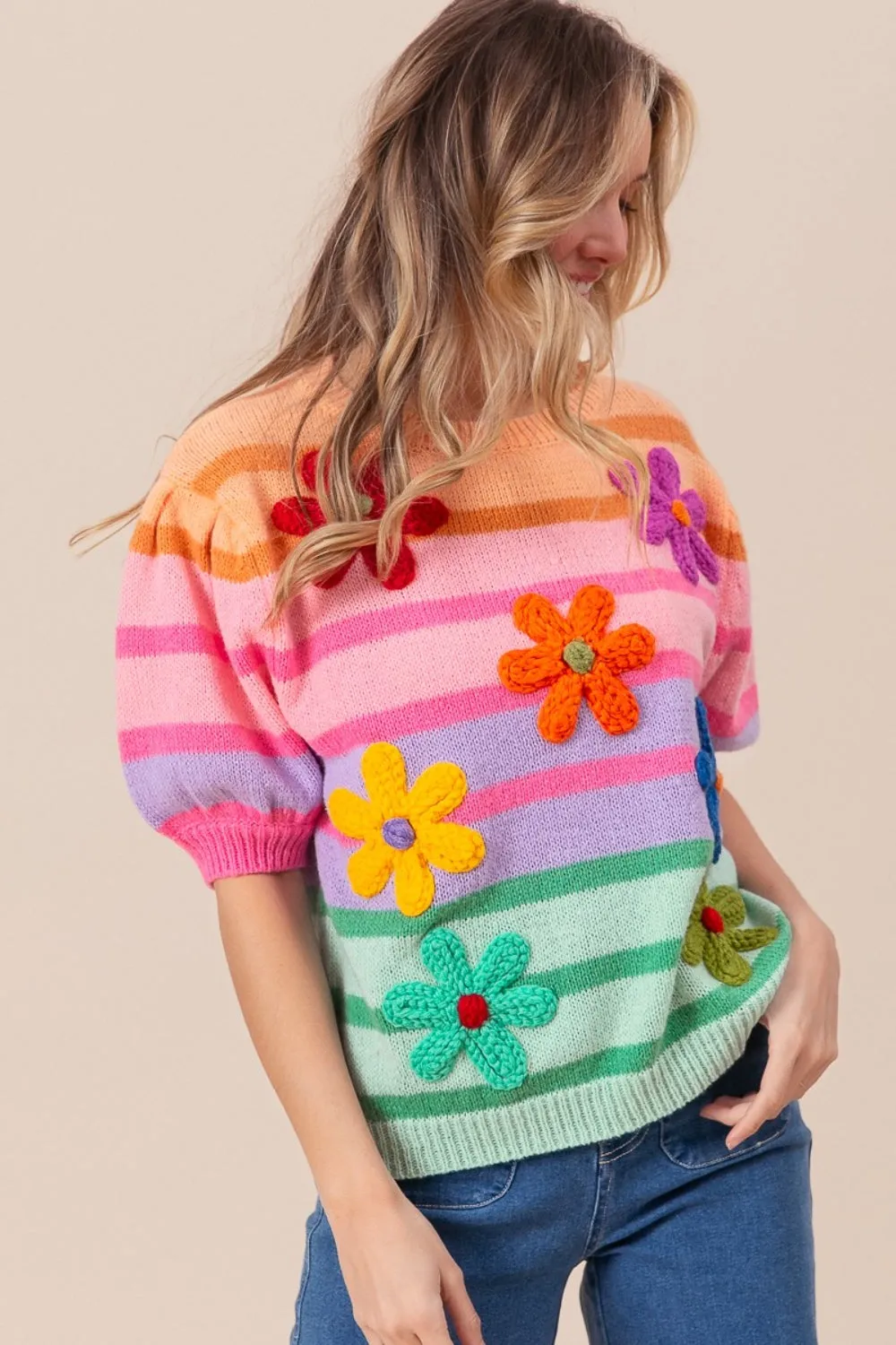 BiBi Flower Patch Puff Sleeve Striped Sweater sold by Charming Charlie product image thumbnail 3