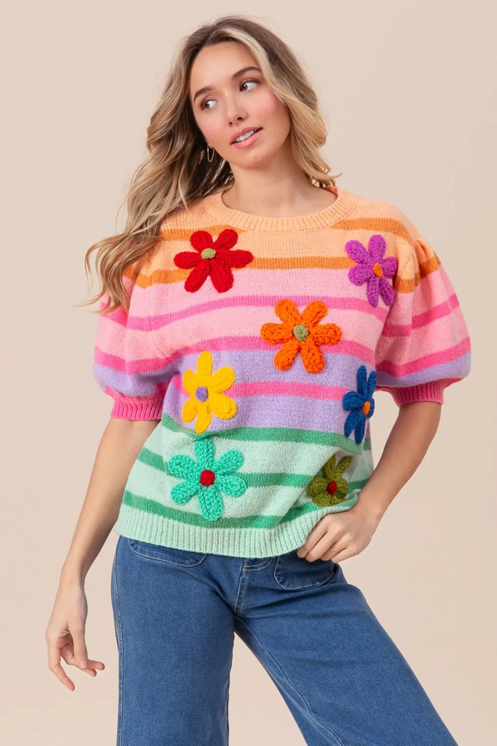 BiBi Flower Patch Puff Sleeve Striped Sweater sold by Charming Charlie product image thumbnail 4