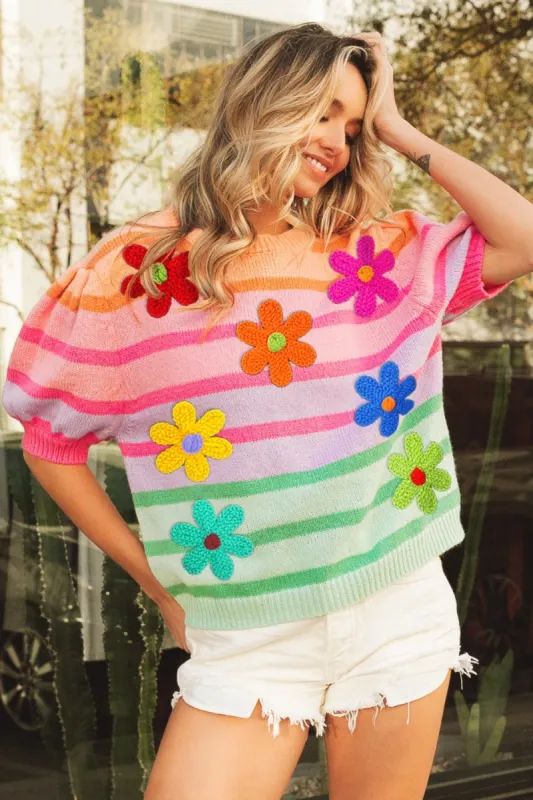 BiBi Flower Patch Puff Sleeve Striped Sweater sold by Charming Charlie