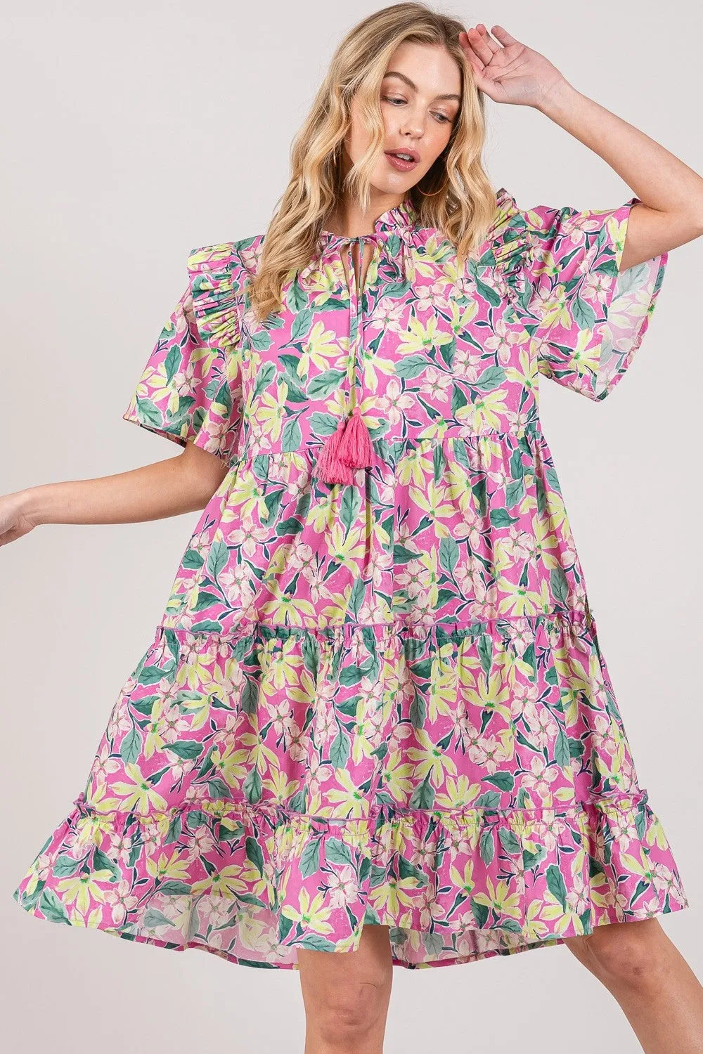 SAGE + FIG Floral Ruffle Short Sleeve Dress sold by Charming Charlie