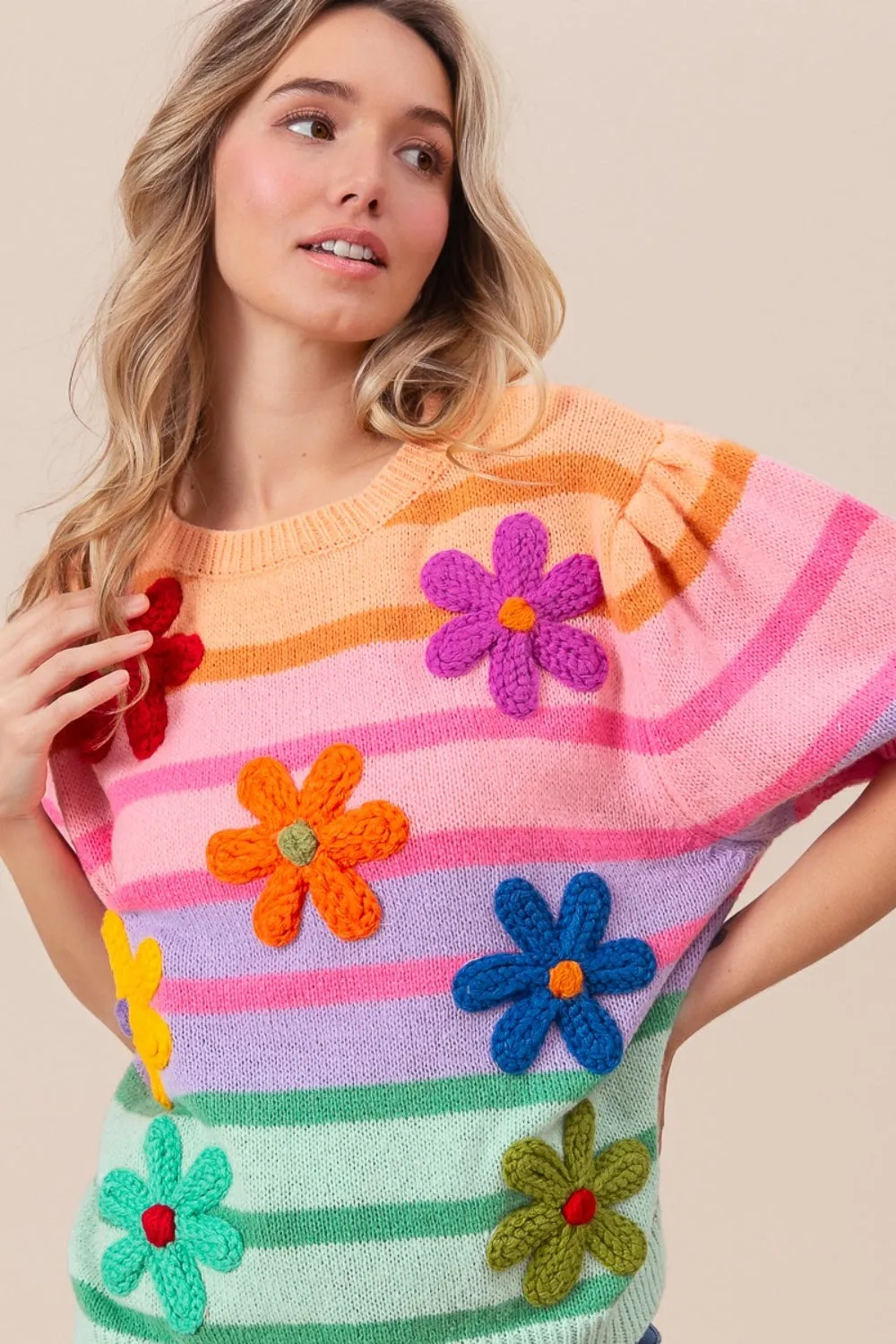 BiBi Flower Patch Puff Sleeve Striped Sweater sold by Charming Charlie product image thumbnail 5