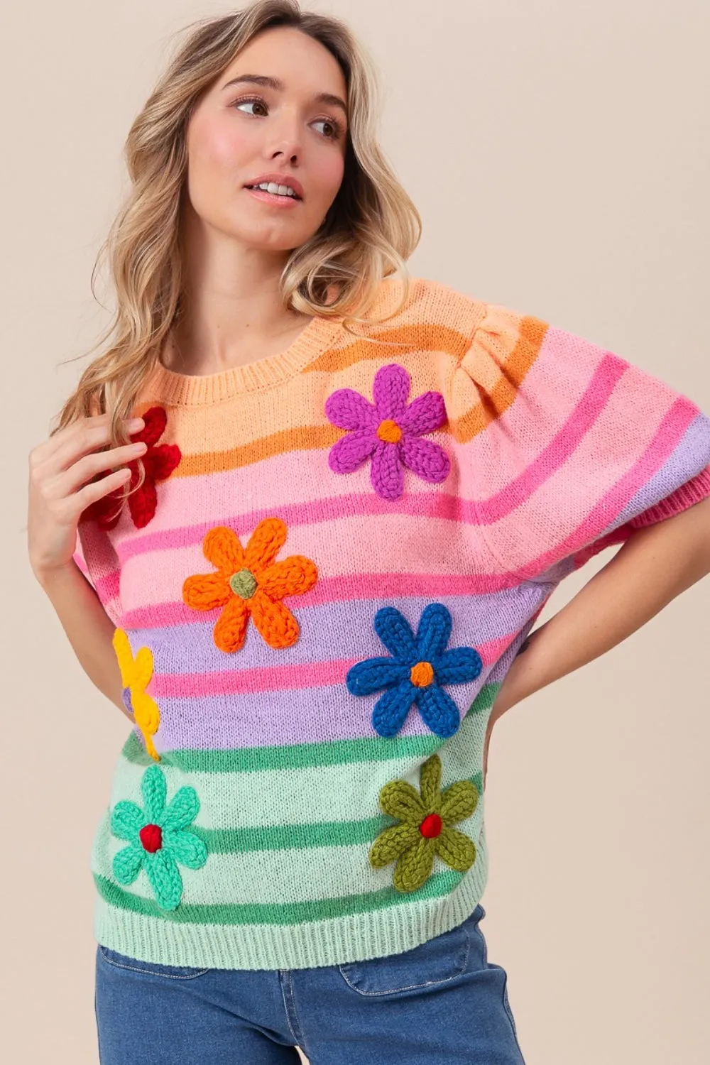 BiBi Flower Patch Puff Sleeve Striped Sweater sold by Charming Charlie product image thumbnail 2