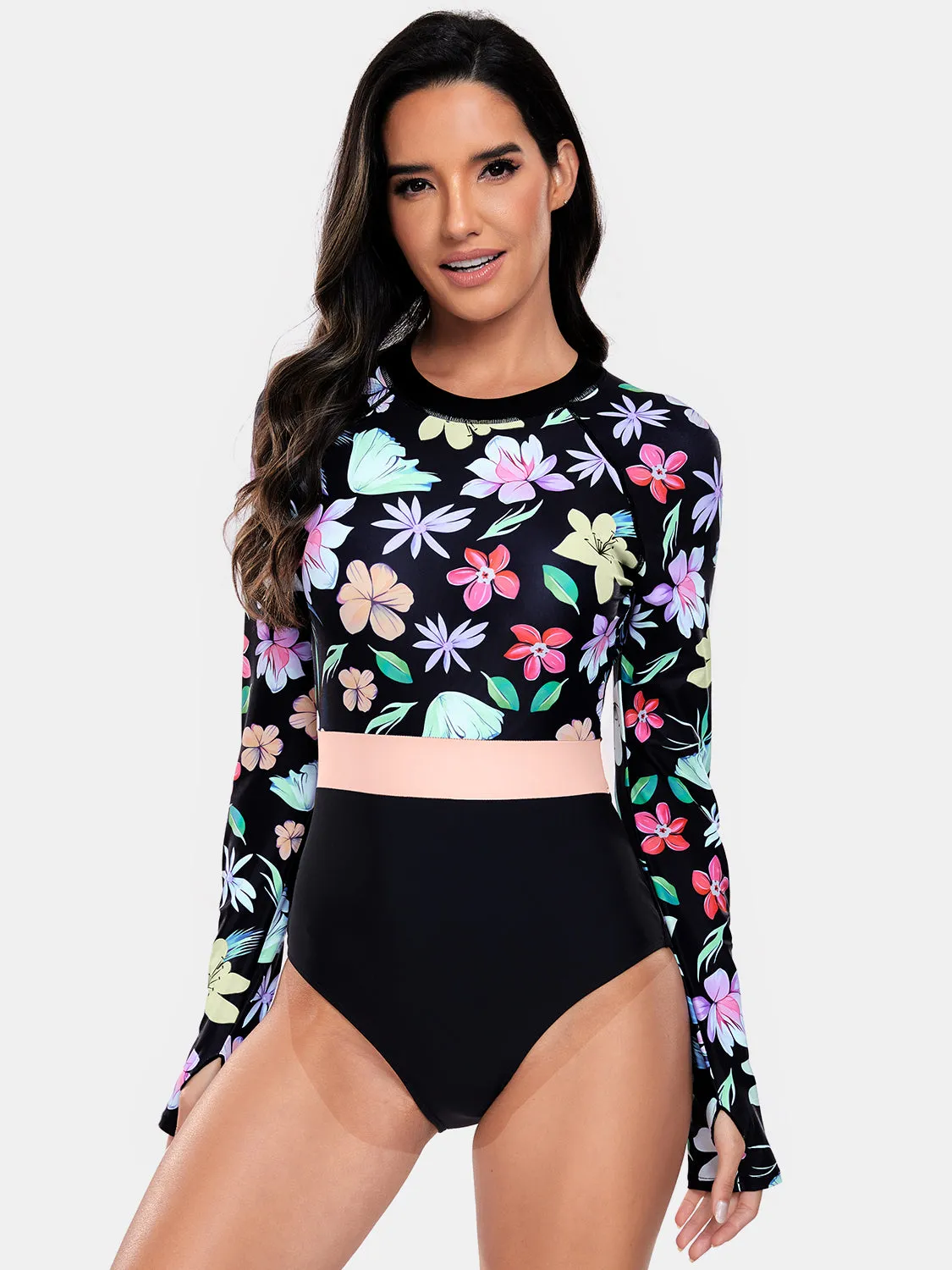 Flower Round Neck Long Sleeve One-Piece Swimwear sold by Charming Charlie product image thumbnail 3