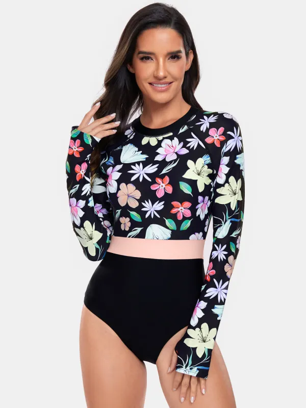 Flower Round Neck Long Sleeve One-Piece Swimwear sold by Charming Charlie
