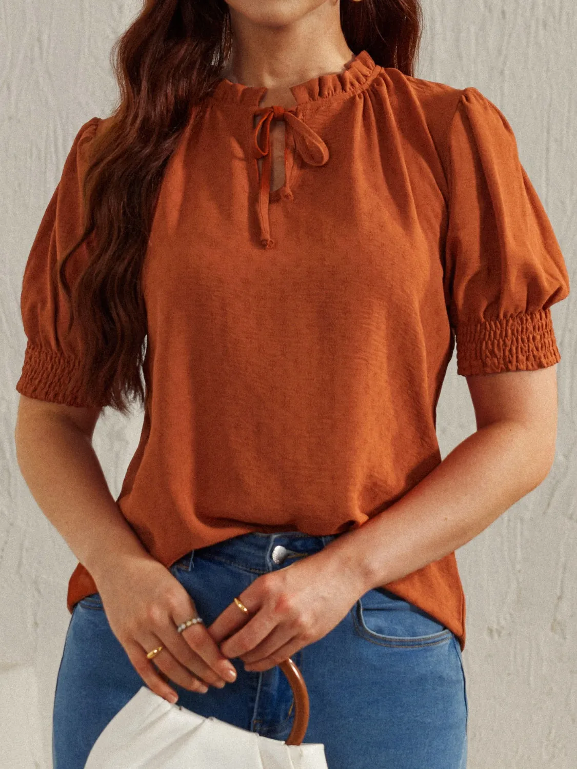 Frill Tie Neck Short Sleeve Blouse sold by Charming Charlie product image thumbnail 3