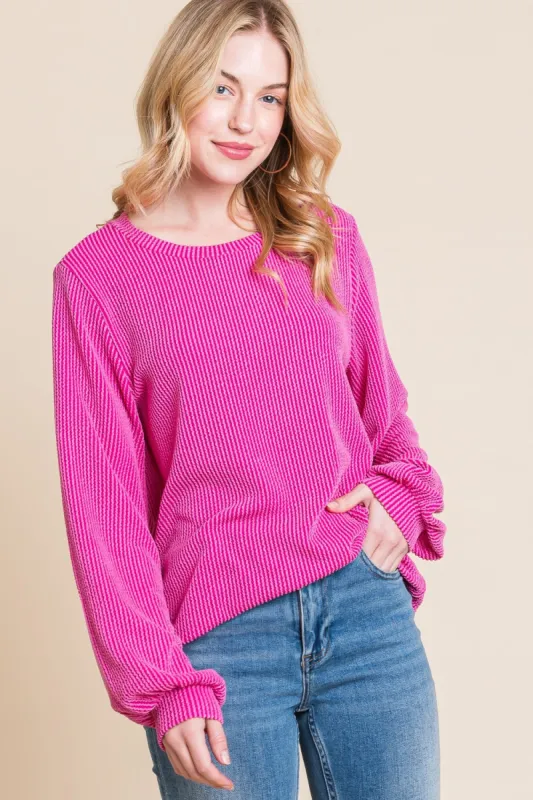 BOMBOM Long Sleeve Curved Hem Ribbed T-Shirt sold by Charming Charlie