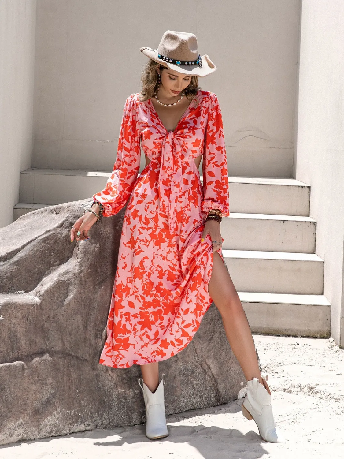 Tied Cutout Printed Long Sleeve Midi Dress sold by Charming Charlie