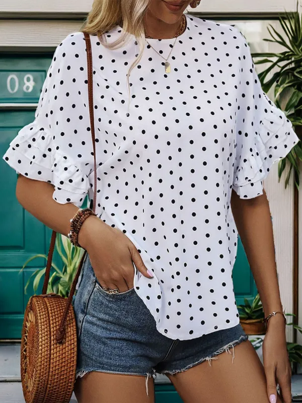 Slit Polka Dot Round Neck Half Sleeve Blouse sold by Charming Charlie