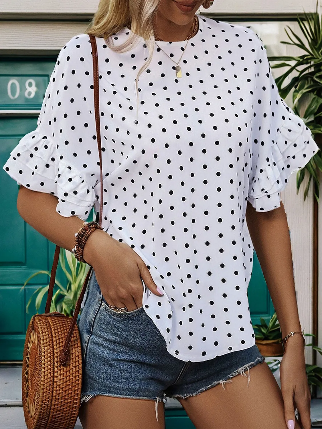 Slit Polka Dot Round Neck Half Sleeve Blouse sold by Charming Charlie