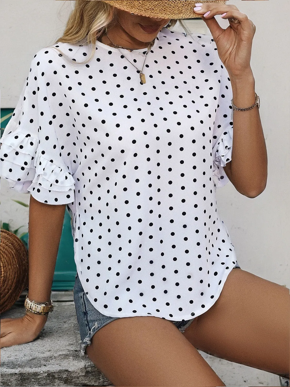 Slit Polka Dot Round Neck Half Sleeve Blouse sold by Charming Charlie product image thumbnail 3