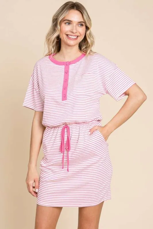 Culture Code Full Size Striped Short Sleeve Mini Dress with Pockets sold by Charming Charlie