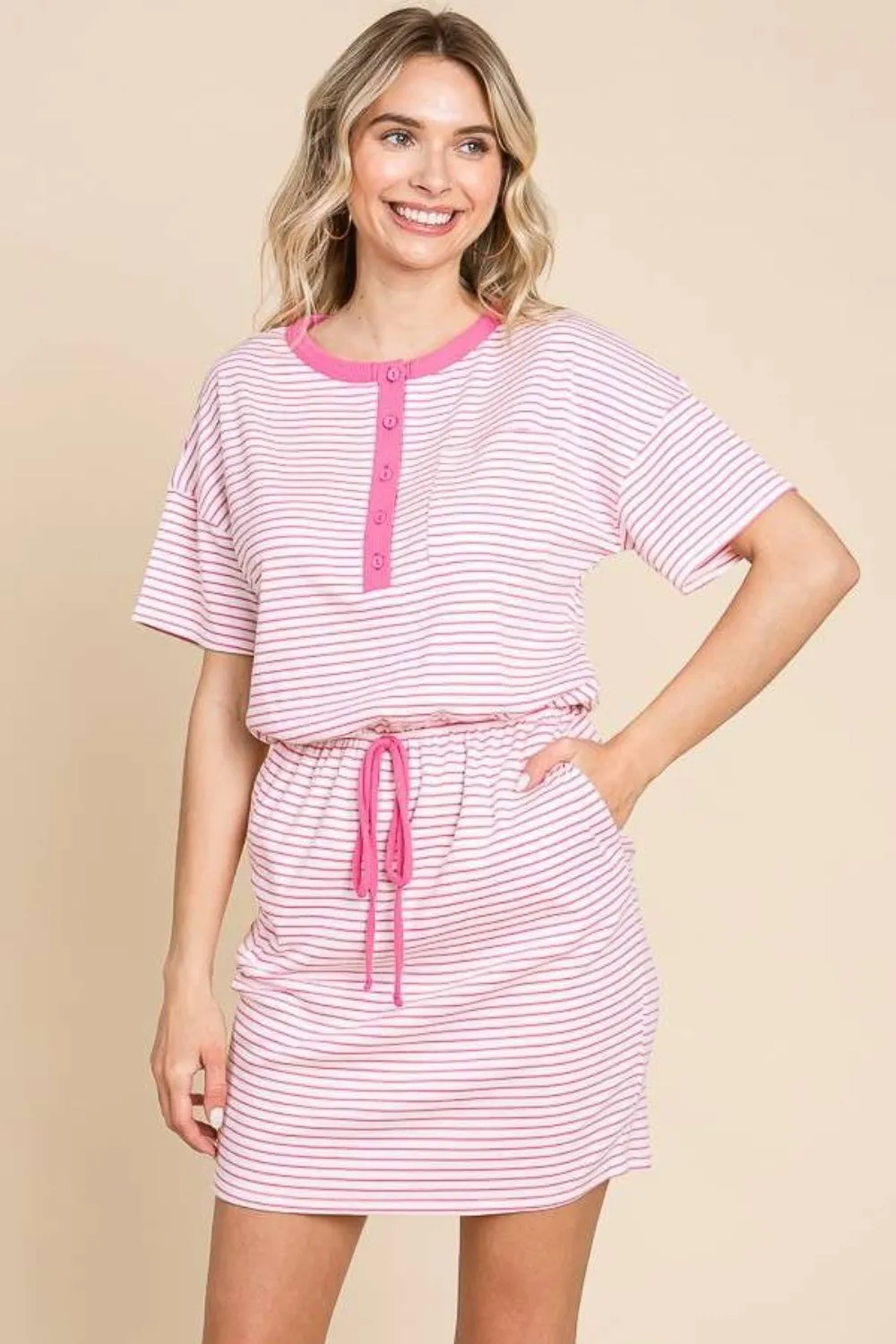 Culture Code Full Size Striped Short Sleeve Mini Dress with Pockets sold by Charming Charlie