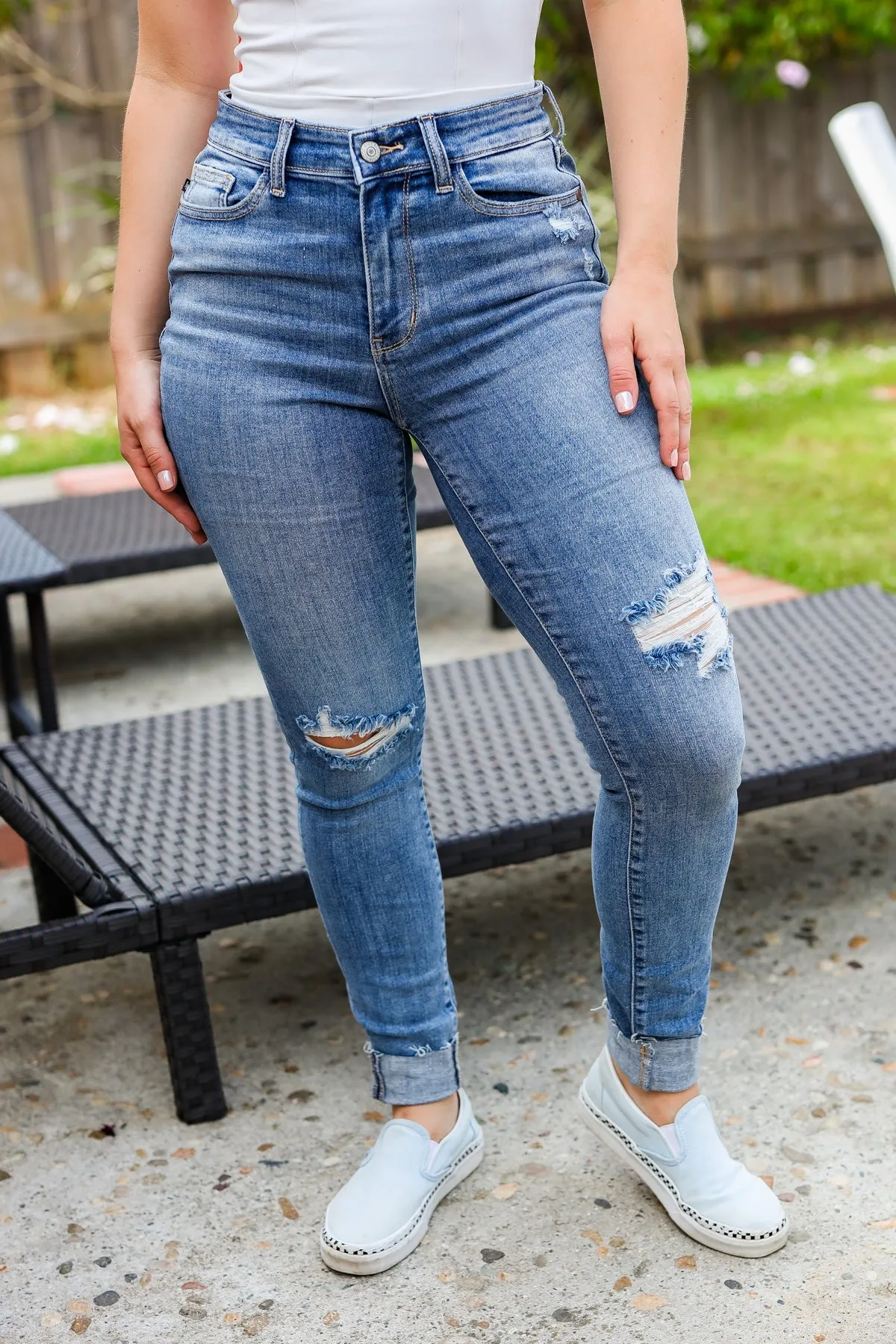 Judy Blue Medium Blue Mid Rise Distressed Cuffed Jeans sold by Charming Charlie