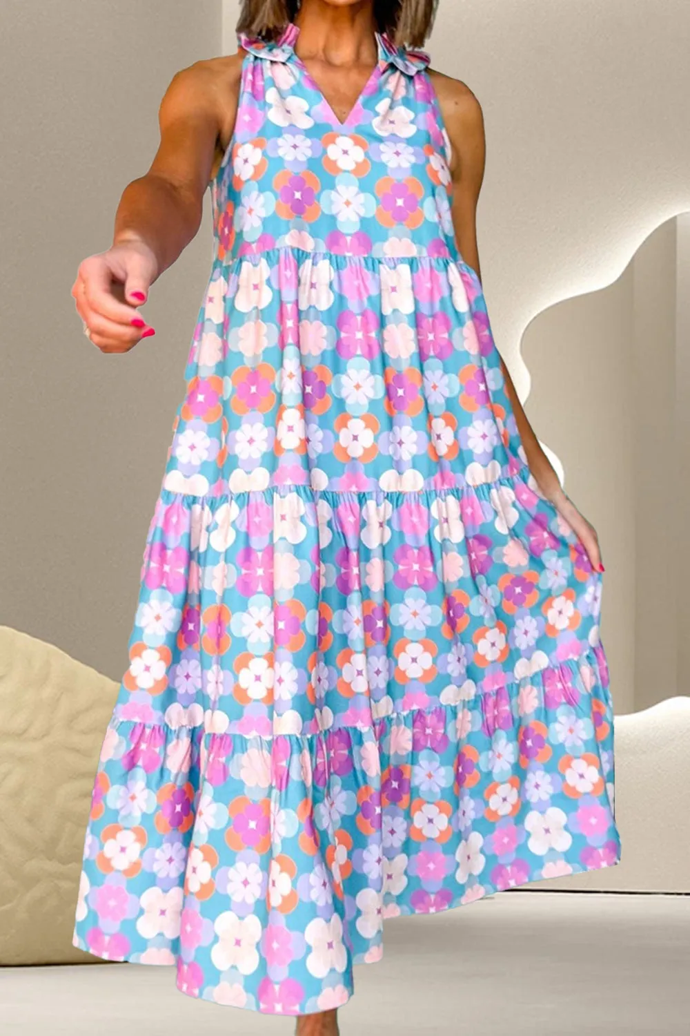 Frill Printed Notched Sleeveless Dress sold by Charming Charlie