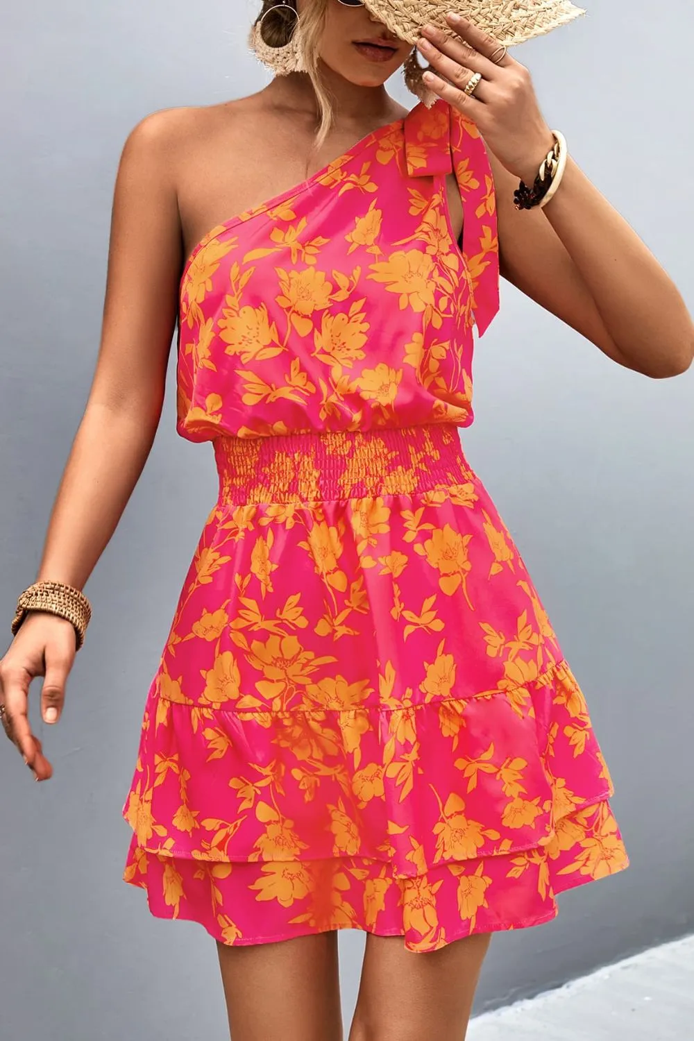 Tied Smocked Printed Single Shoulder Dress sold by Charming Charlie product image thumbnail 4