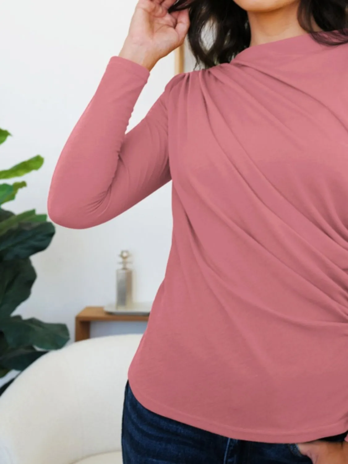 Ruched Mock Neck Long Sleeve T-Shirt sold by Charming Charlie product image thumbnail 3