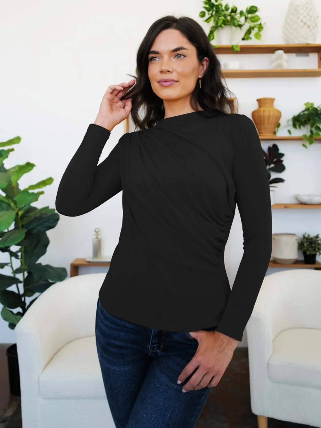Ruched Mock Neck Long Sleeve T-Shirt sold by Charming Charlie product image thumbnail 4