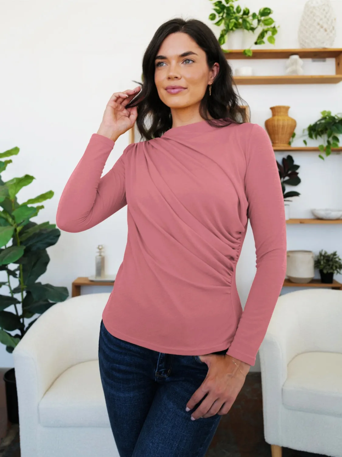 Ruched Mock Neck Long Sleeve T-Shirt sold by Charming Charlie