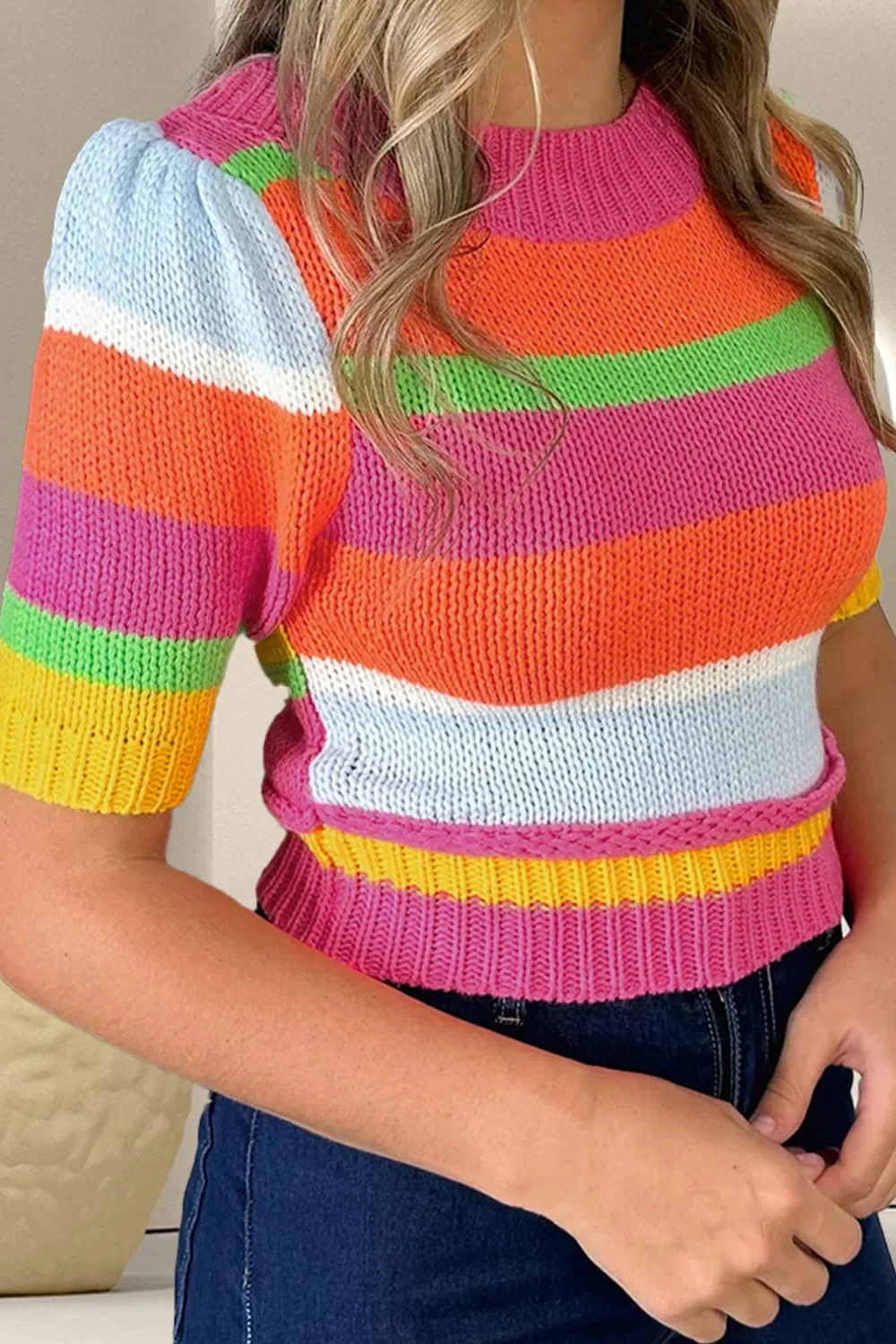 Color Block Round Neck Half Sleeve Knit Top sold by Charming Charlie