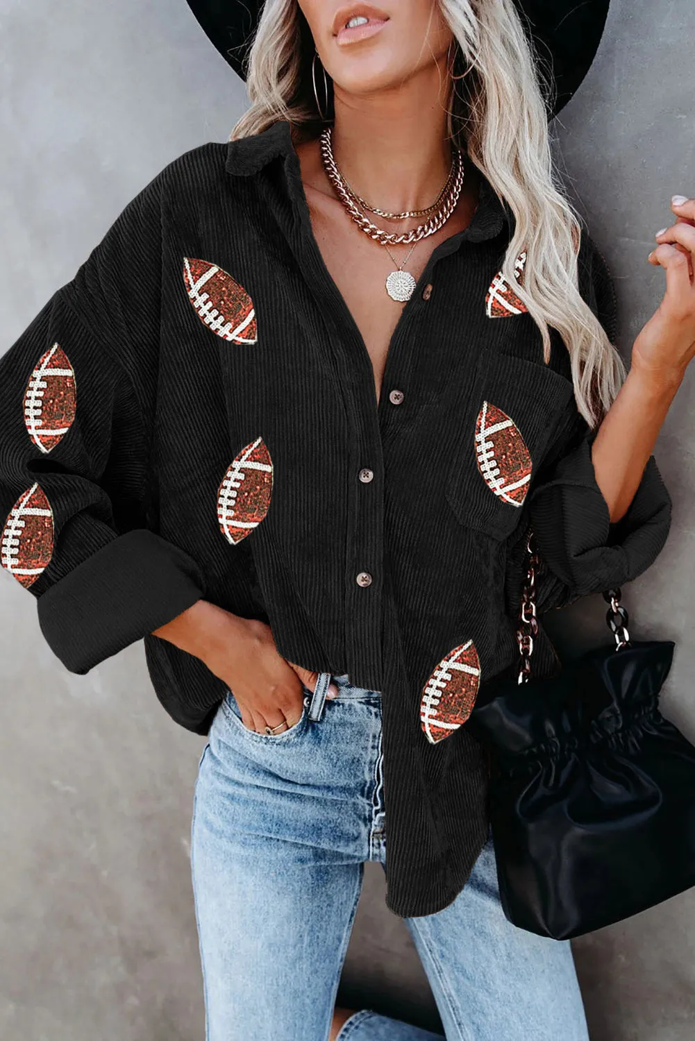 Sequin Football Button Up Long Sleeve Jacket sold by Charming Charlie product image thumbnail 2