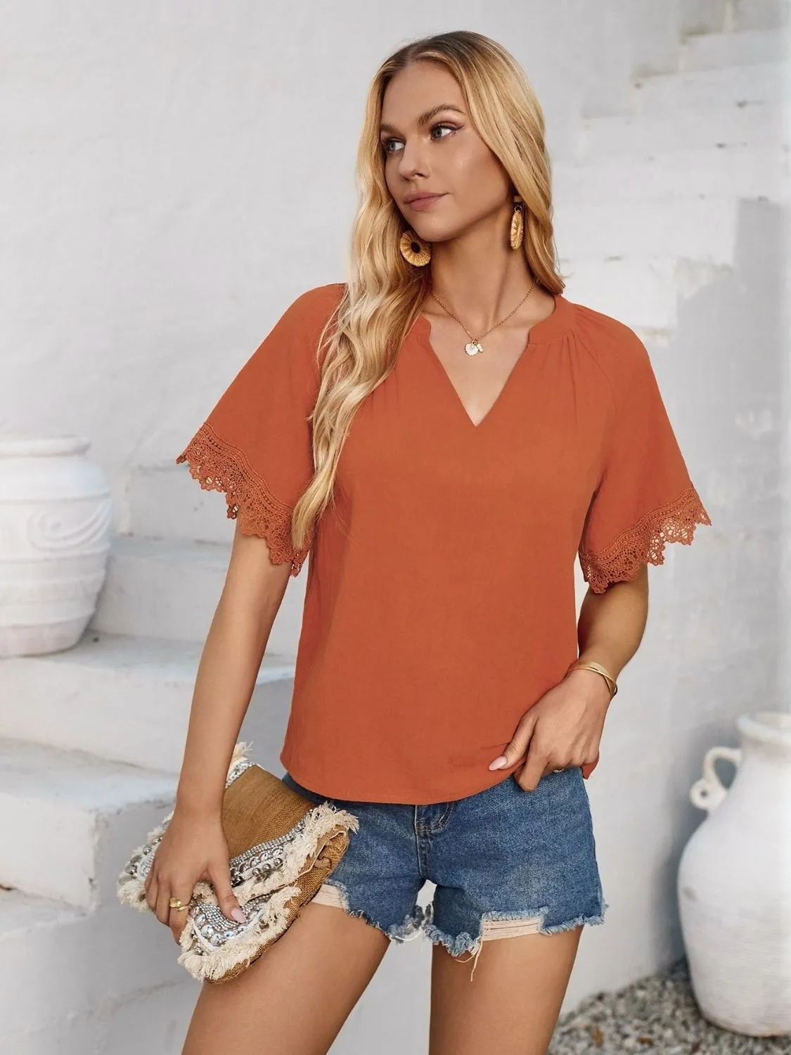 Lace Detail Notched Short Sleeve Blouse sold by Charming Charlie product image thumbnail 5