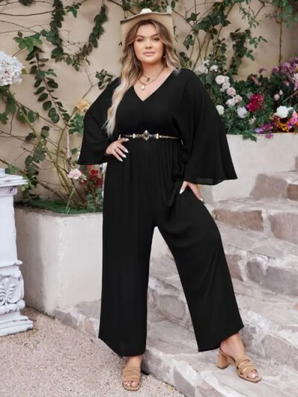 Plus Size V-Neck Long Sleeve Wide Leg Jumpsuit sold by Charming Charlie