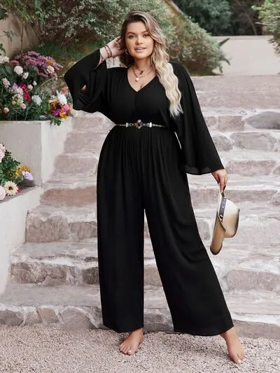 Plus Size V-Neck Long Sleeve Wide Leg Jumpsuit sold by Charming Charlie product image thumbnail 5