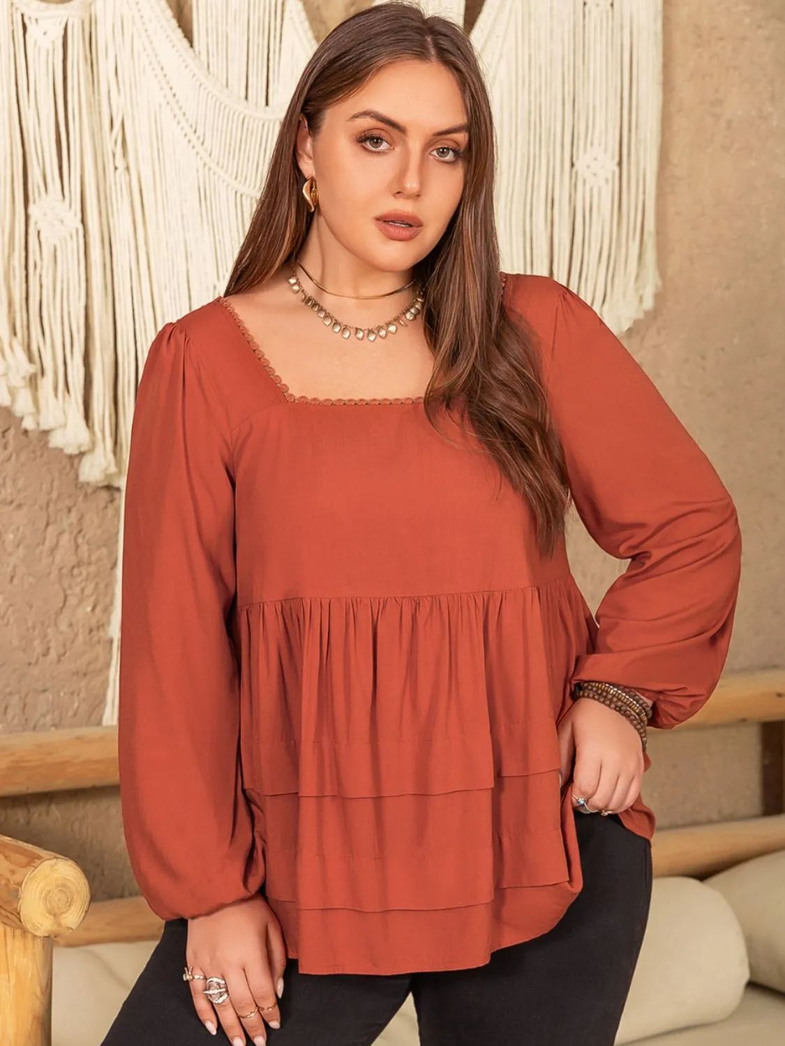 Plus Size Lace Detail Square Neck Long Sleeve Blouse sold by Charming Charlie