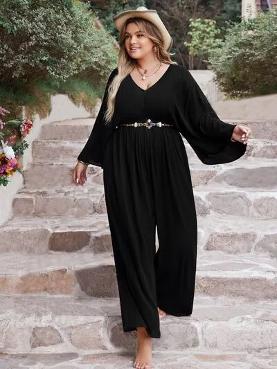 Plus Size V-Neck Long Sleeve Wide Leg Jumpsuit sold by Charming Charlie product image thumbnail 4