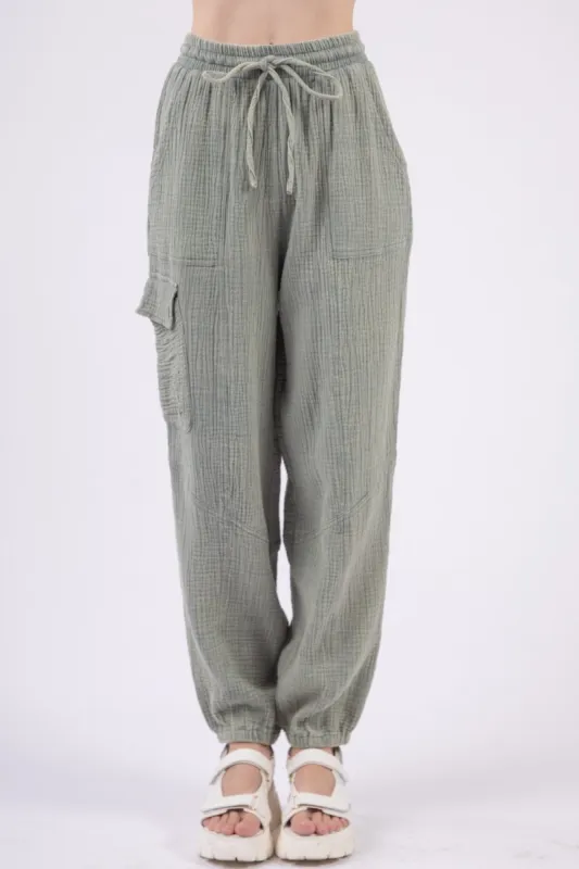 VERY J Washed Woven Crinkle Gauze Drawstring Pants sold by Charming Charlie