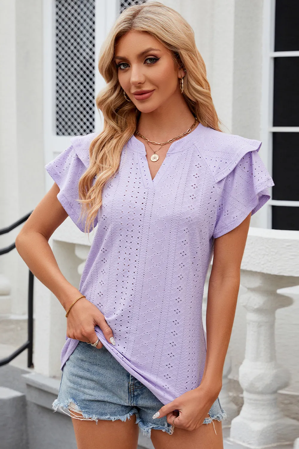 Eyelet Notched Flutter Sleeve T-Shirt sold by Charming Charlie