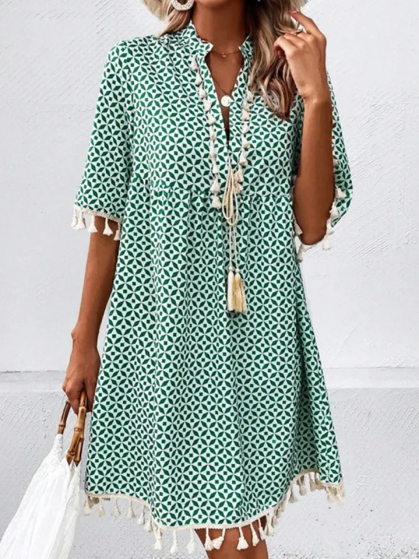 Tassel Printed Notched Half Sleeve Mini Dress sold by Charming Charlie