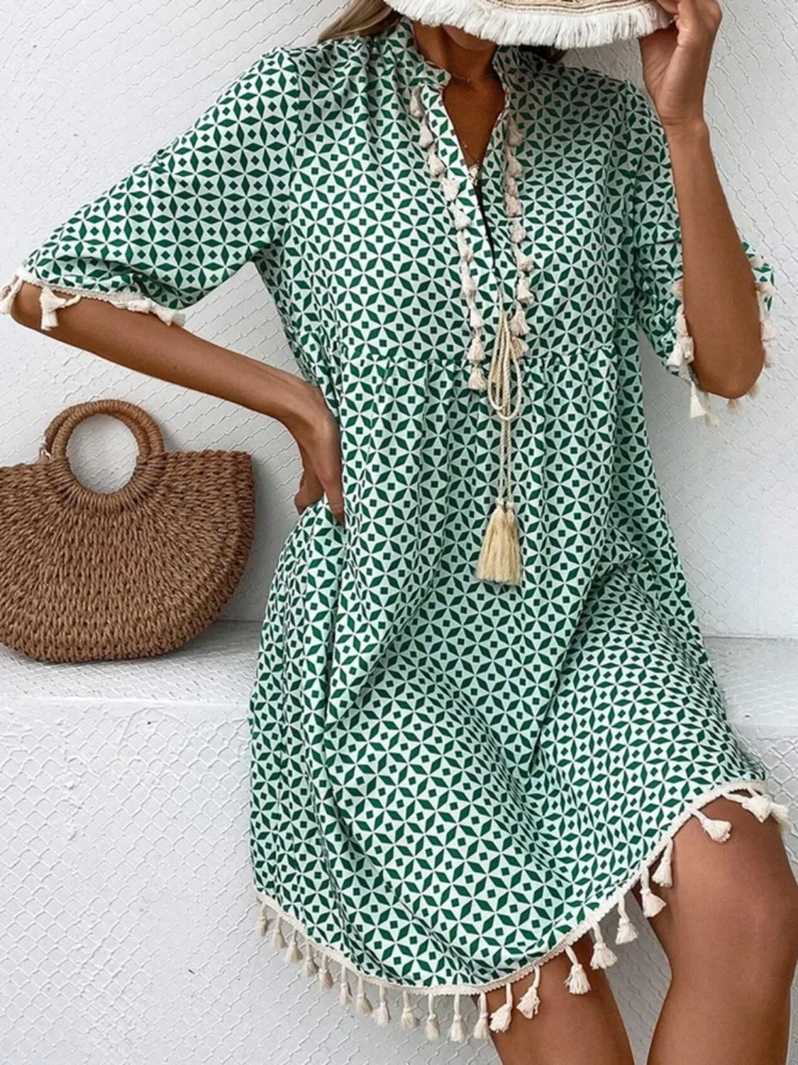 Tassel Printed Notched Half Sleeve Mini Dress sold by Charming Charlie product image thumbnail 2