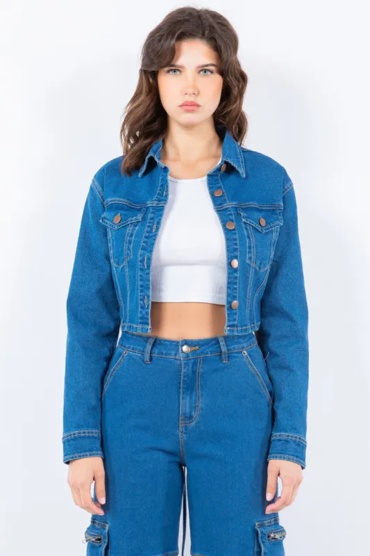 American Bazi Laced Back Cropped Denim Jacket sold by Charming Charlie