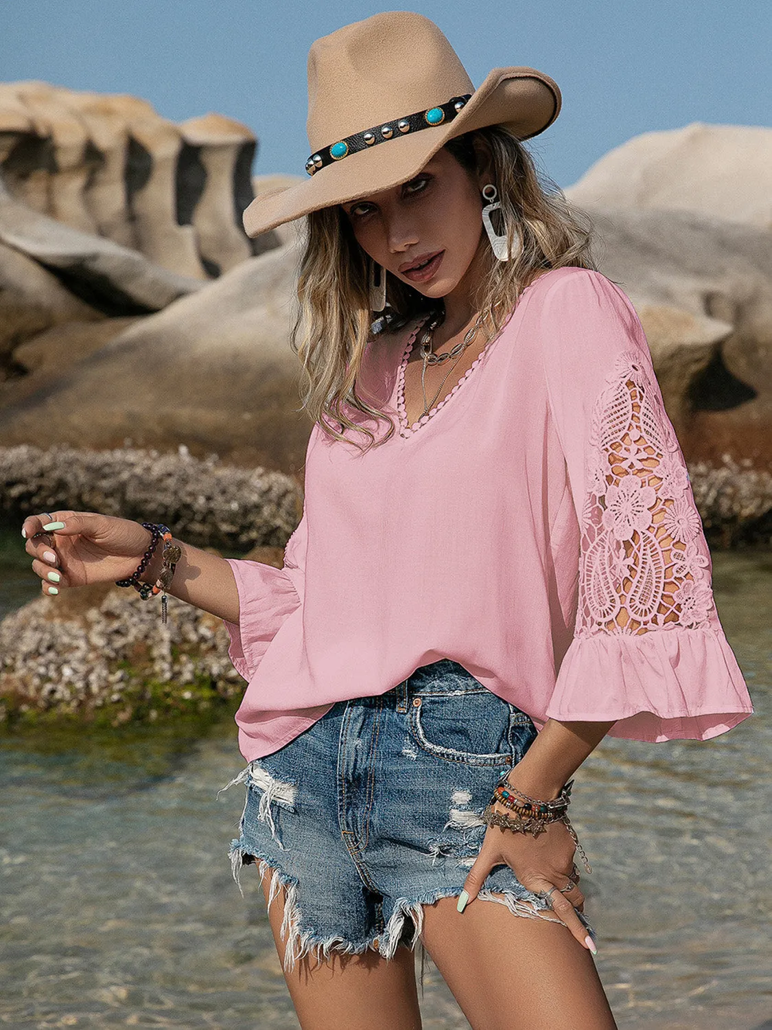 V-Neck Lace Flounce Sleeve Blouse sold by Charming Charlie product image thumbnail 4
