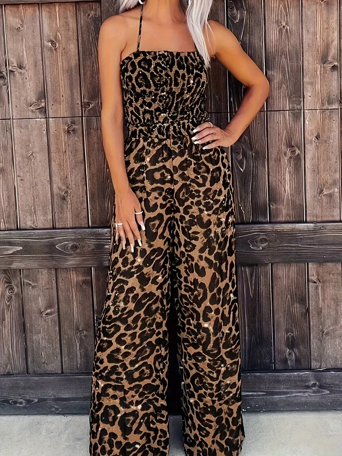 Full Size Leopard Halter Neck Jumpsuit sold by Charming Charlie