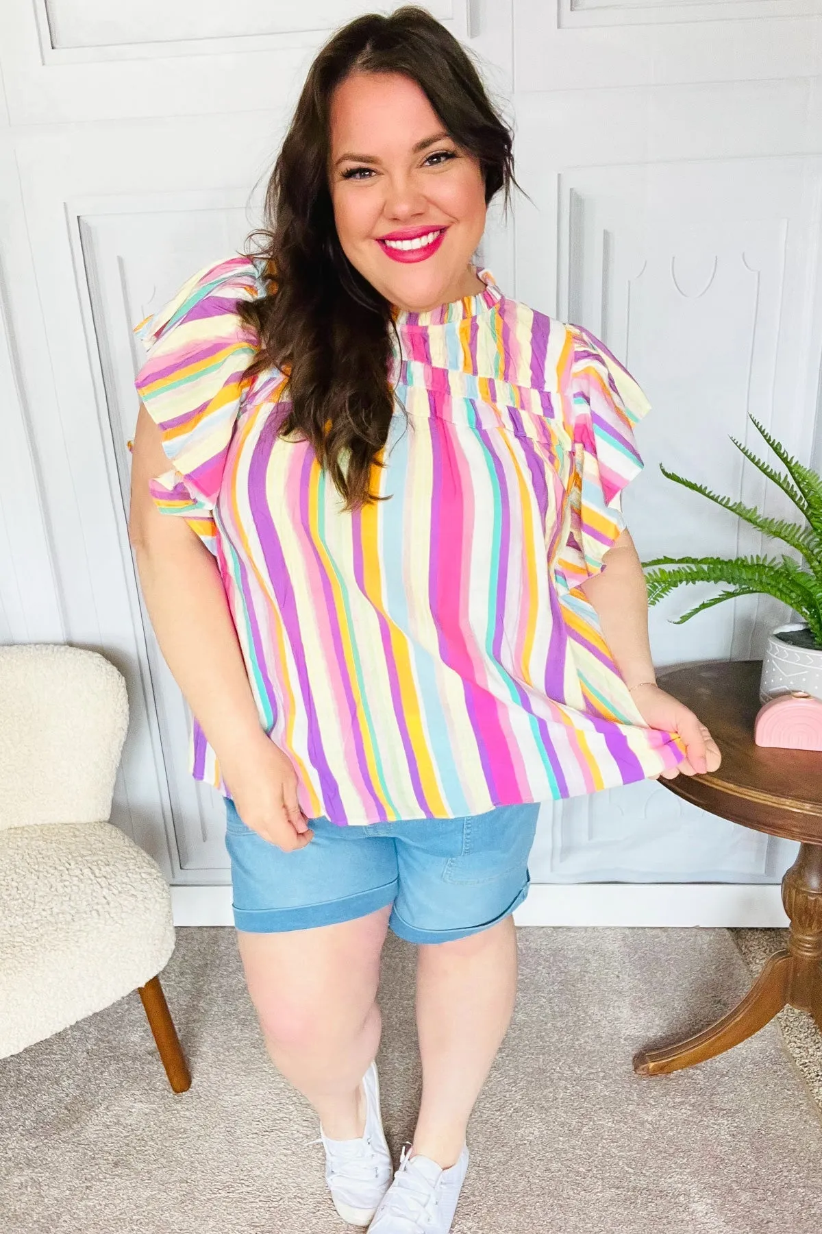 Perfectly You Multicolor Striped Shirred Yoke Mock Neck Top sold by Charming Charlie product image thumbnail 5