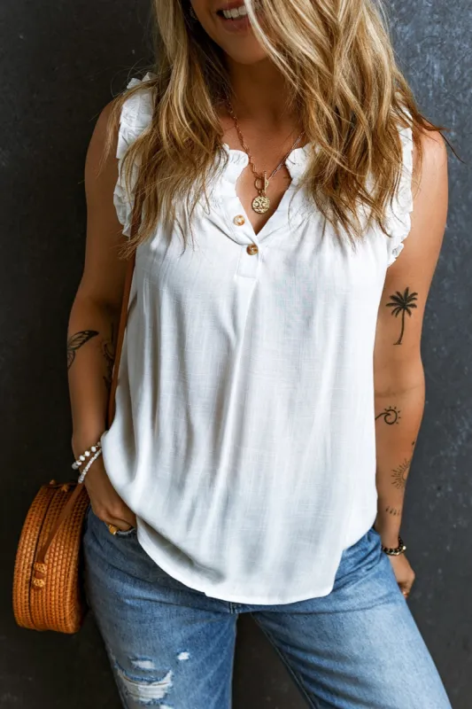 Frill Notched Sleeveless Tank sold by Charming Charlie