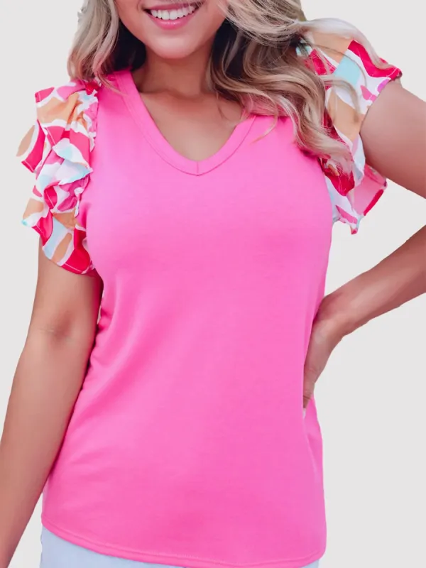Ruffled Printed V-Neck Short Sleeve Blouse sold by Charming Charlie